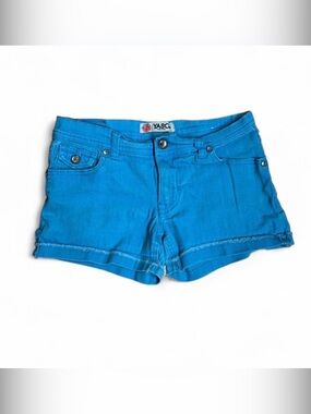 YASO Jeans Electric Blue Denim Shorts Size 14 Rhinestone Button Flap Back Pocket